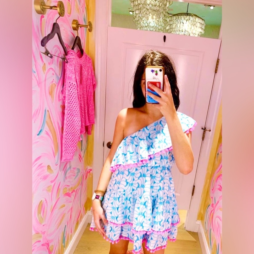 Lilly Pulitzer Addilyn One Shoulder Eyelet Tiered Pom Pom Dress Size Large 12-14